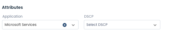Selection options for Microsoft Services and DSCP attributes in a user interface.